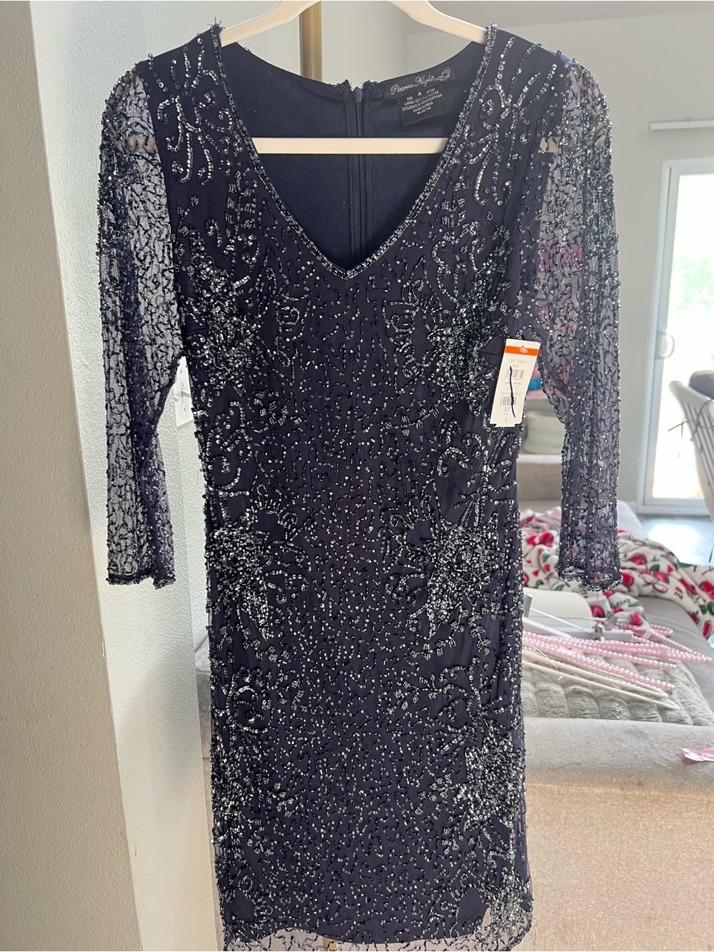 Navy Beaded V-Neck Midi Dress
